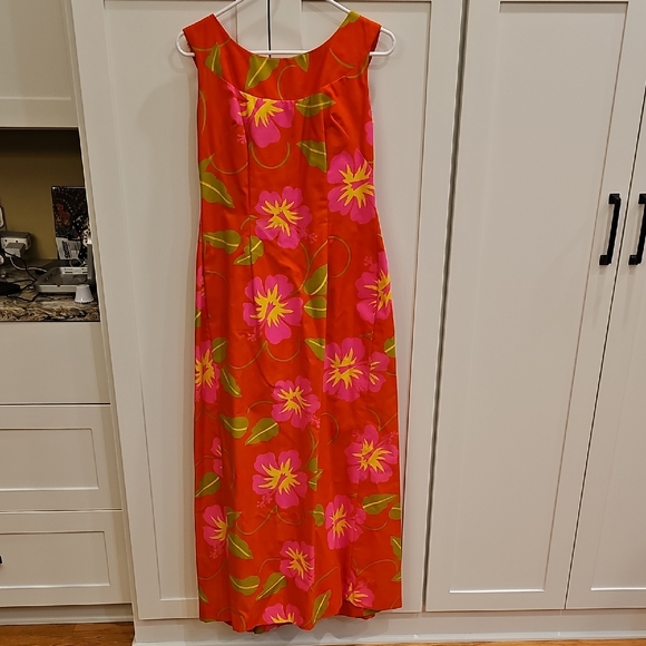 Malihini Dresses & Skirts - Vintage Halihini Hawaiian Sleeveless Orange Floral Maxi Dress Pink Blooms Sz 10